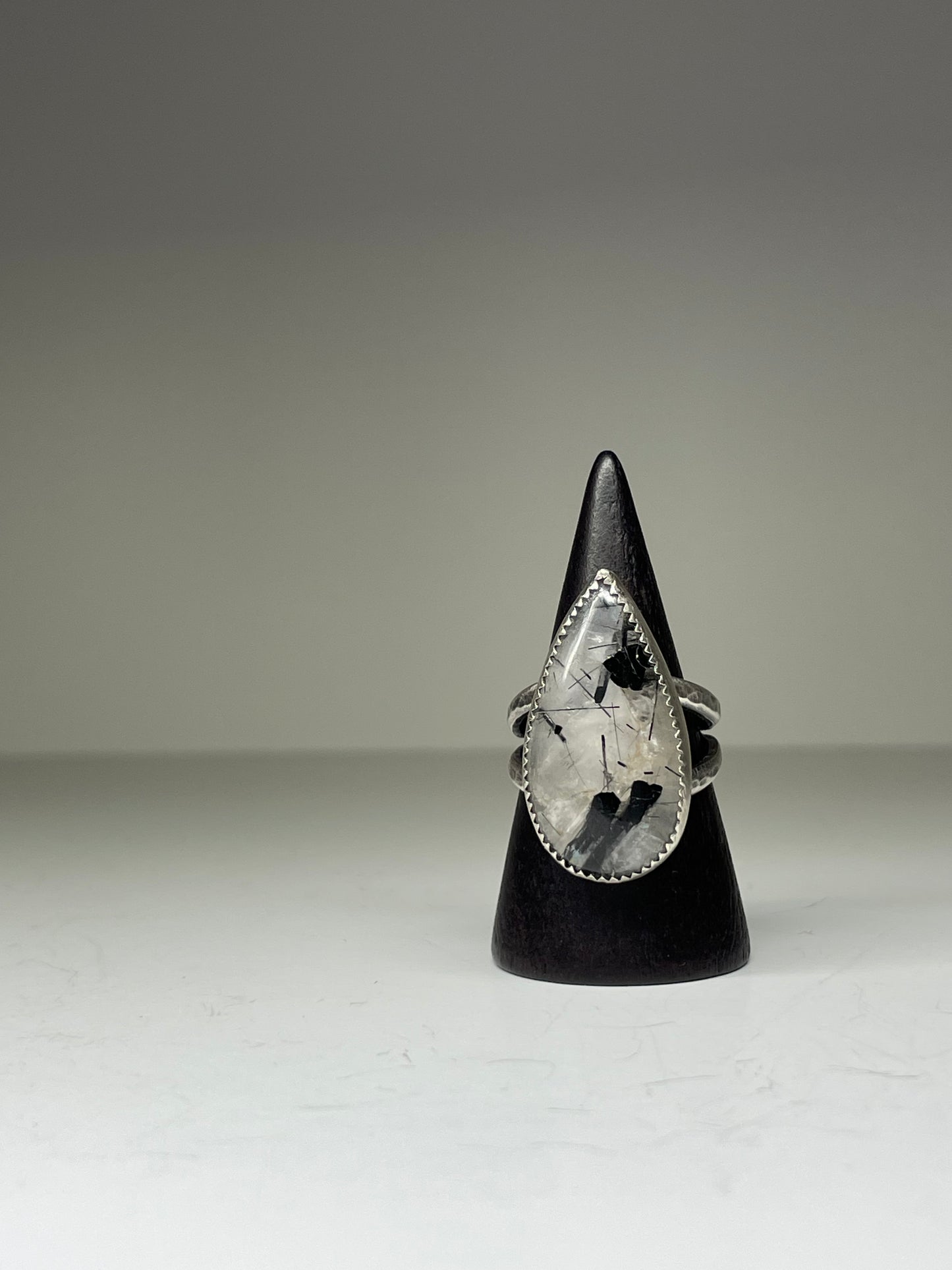 Black Tourmaline in Quartz and Sterling Ring - US 7.25