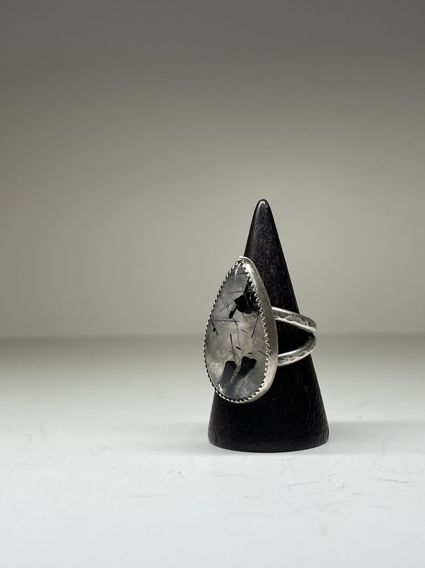 Black Tourmaline in Quartz and Sterling Ring - US 7.25