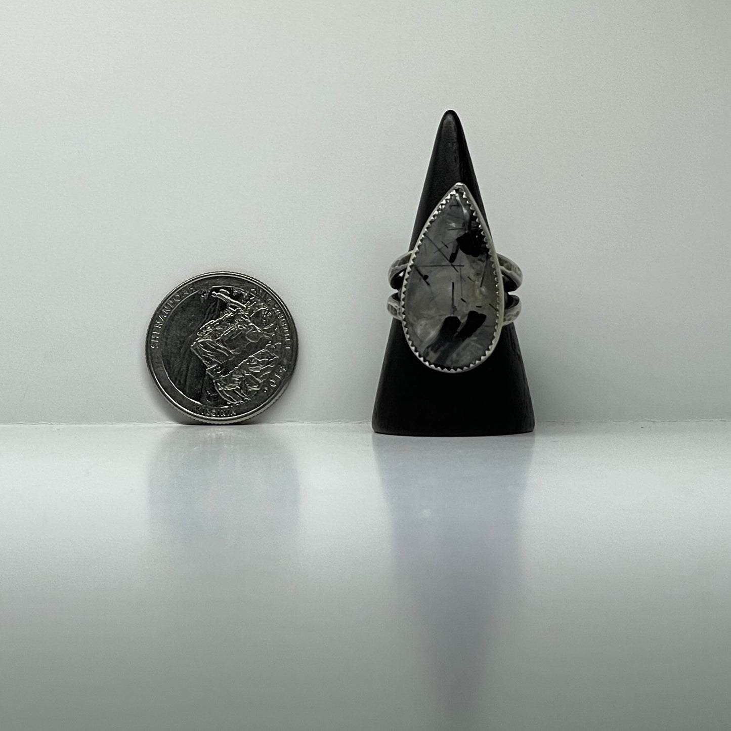 Black Tourmaline in Quartz and Sterling Ring - US 7.25