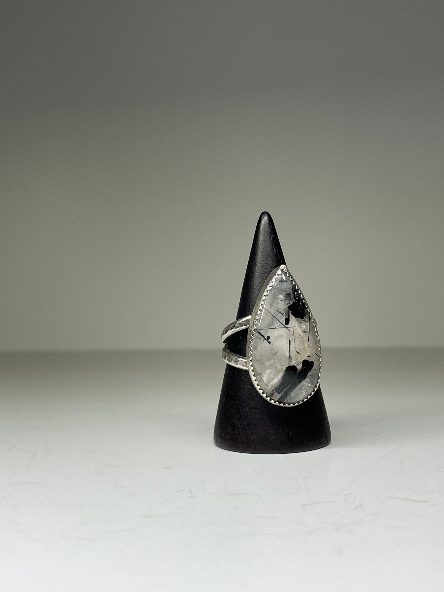 Black Tourmaline in Quartz and Sterling Ring - US 7.25