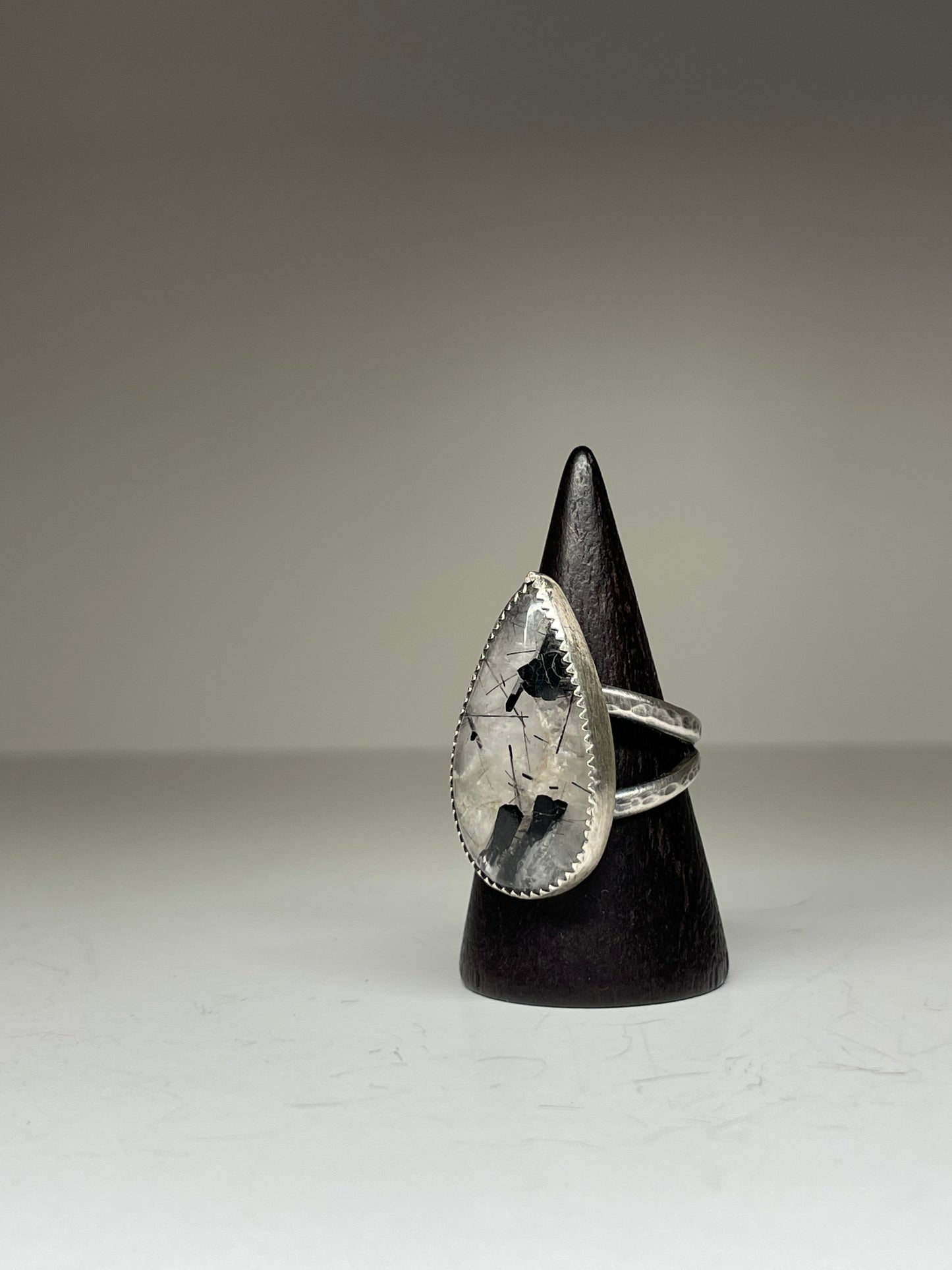 Black Tourmaline in Quartz and Sterling Ring - US 7.25