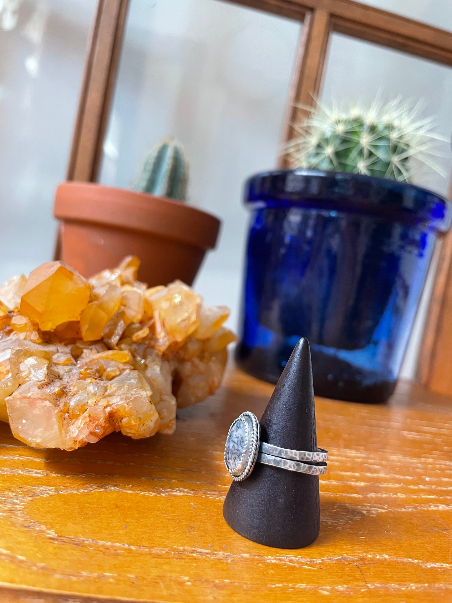 Faceted Dendritic Opal and Sterling Ring - US 9