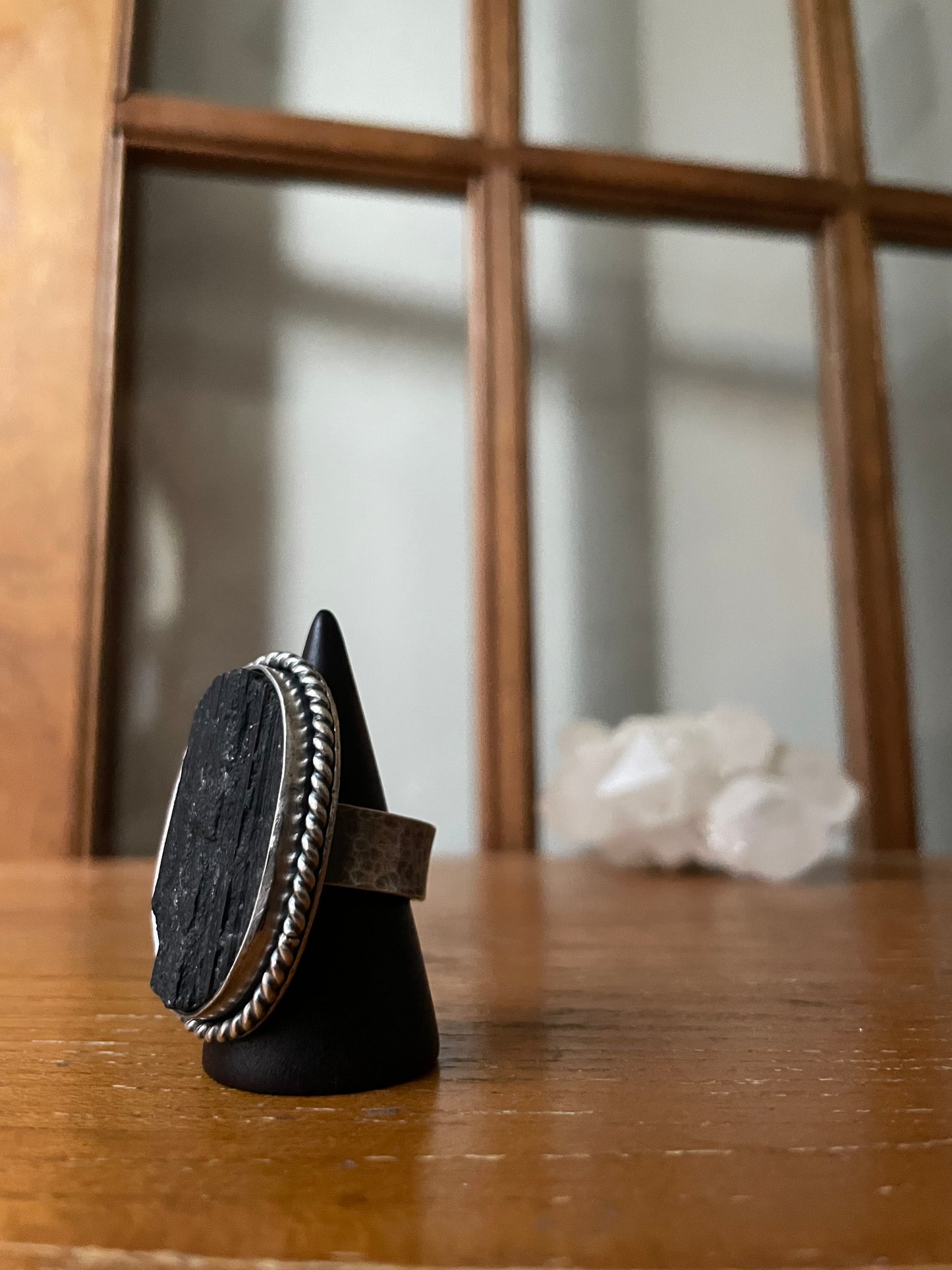 Raw Black Tourmaline and Sterling Ring - US 7.5