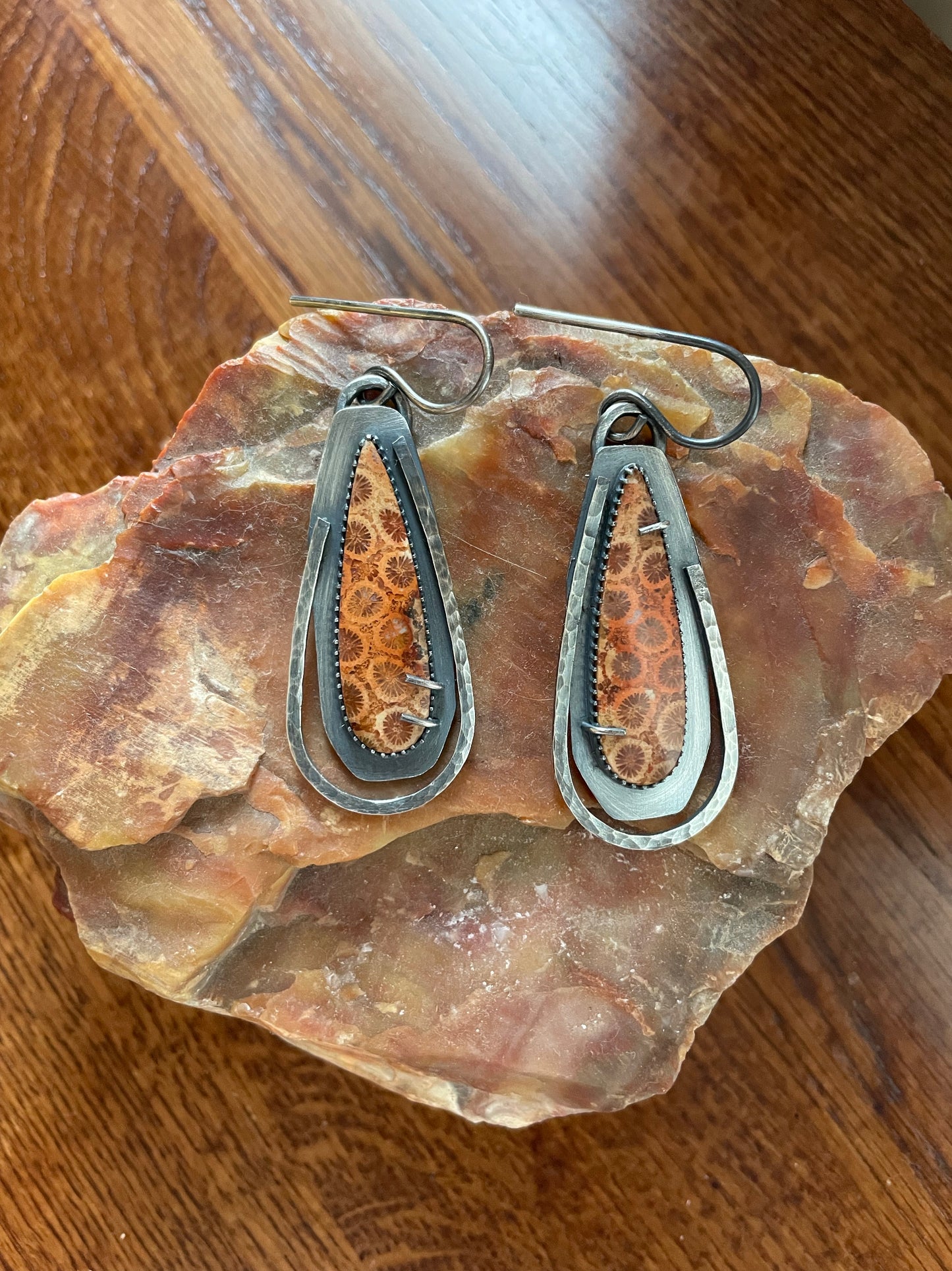 Fossilized Coral and Sterling Ear Weights