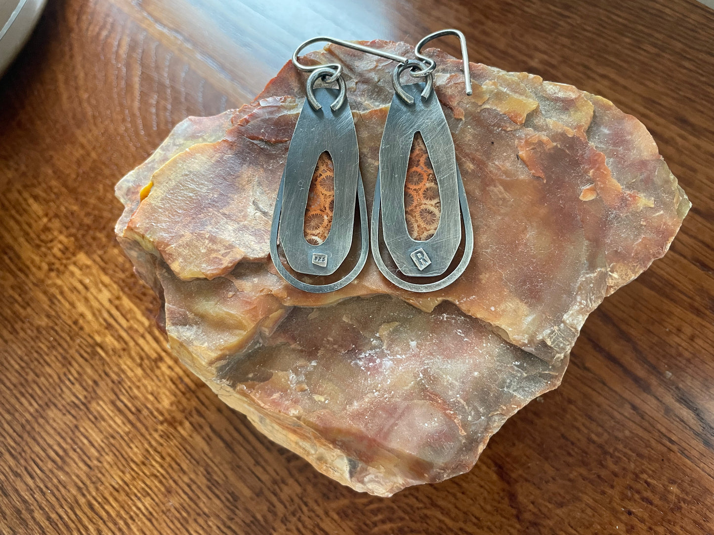Fossilized Coral and Sterling Ear Weights