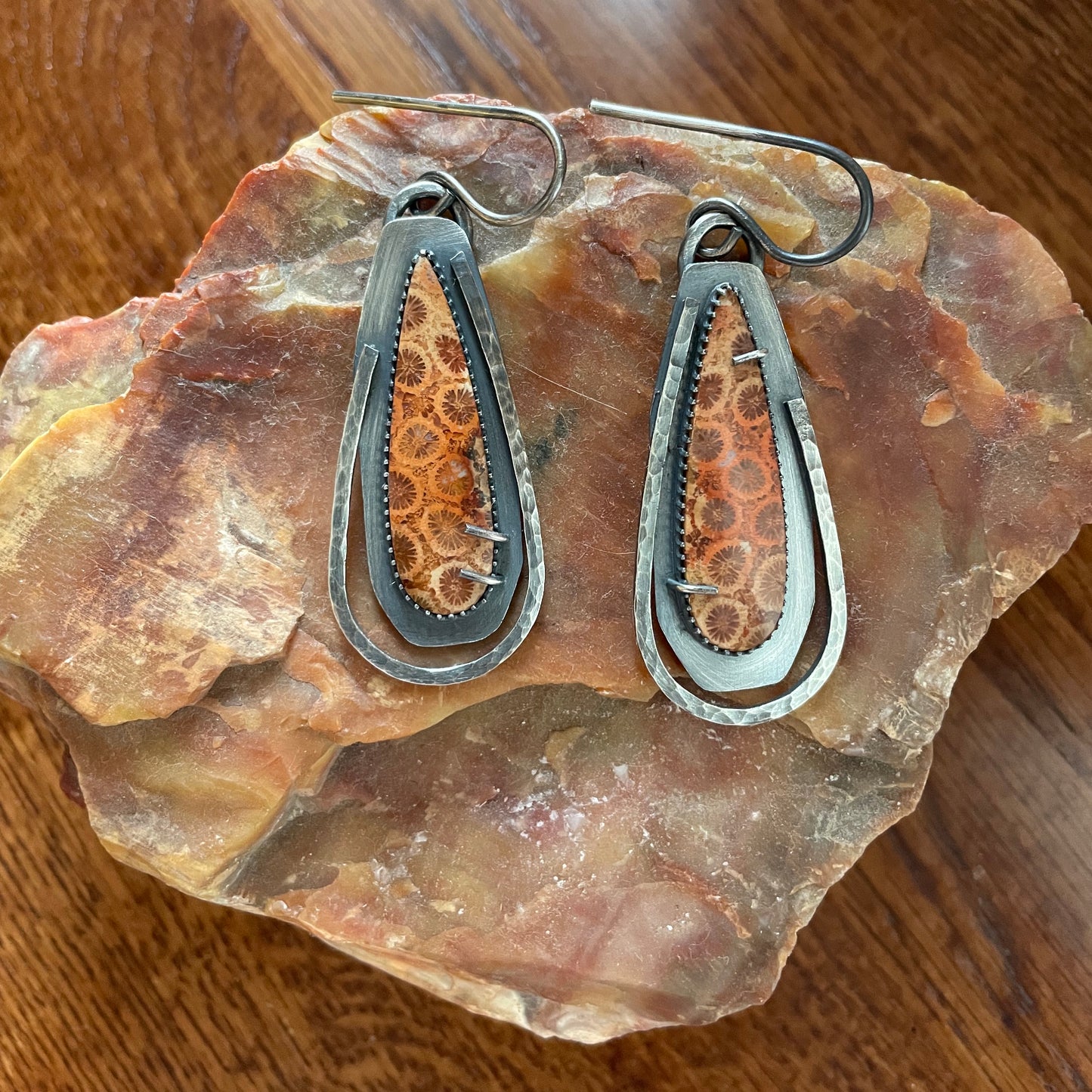 Fossilized Coral and Sterling Ear Weights