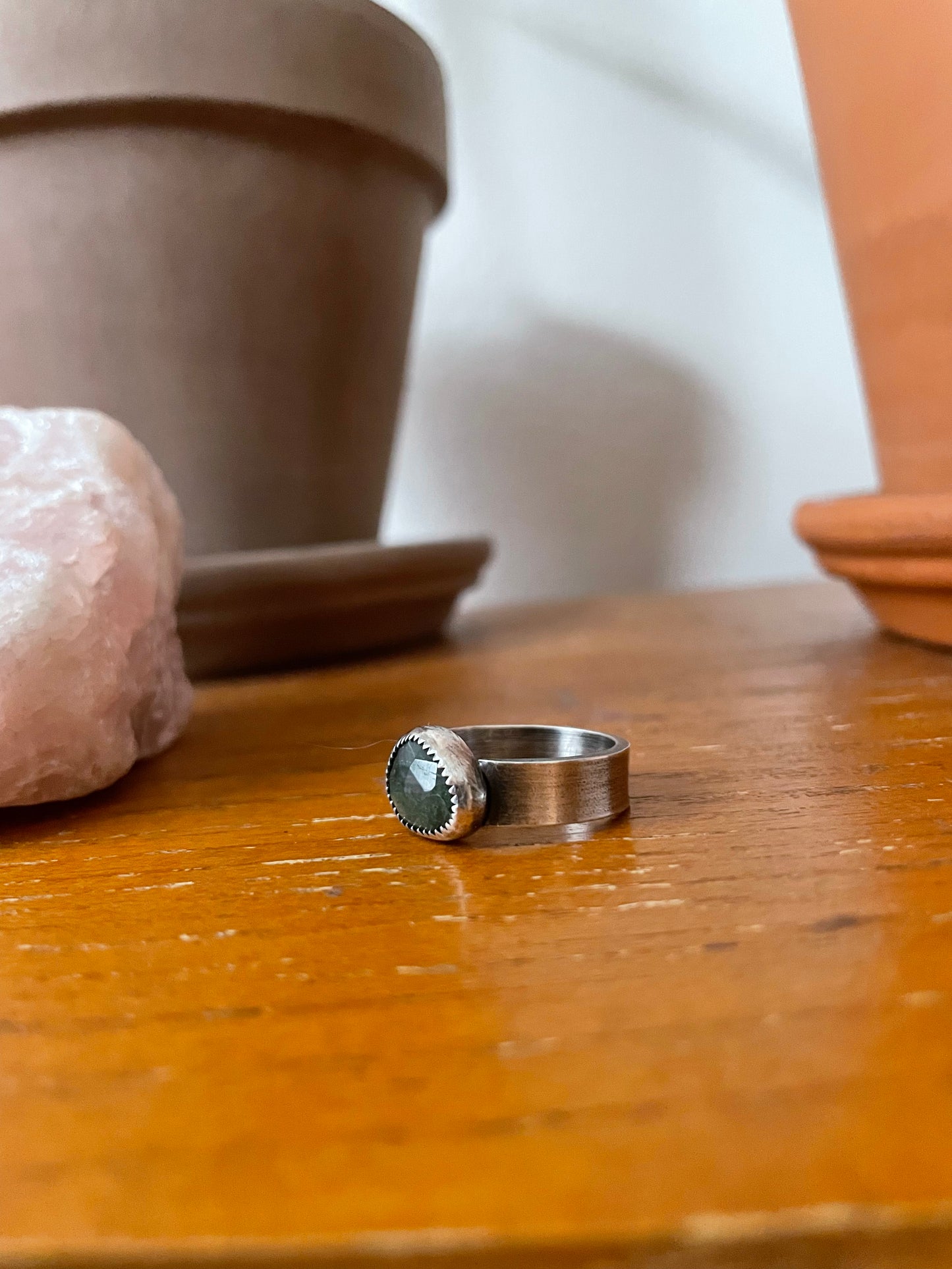 Faceted Moss Agate and Sterling Ring - US 8