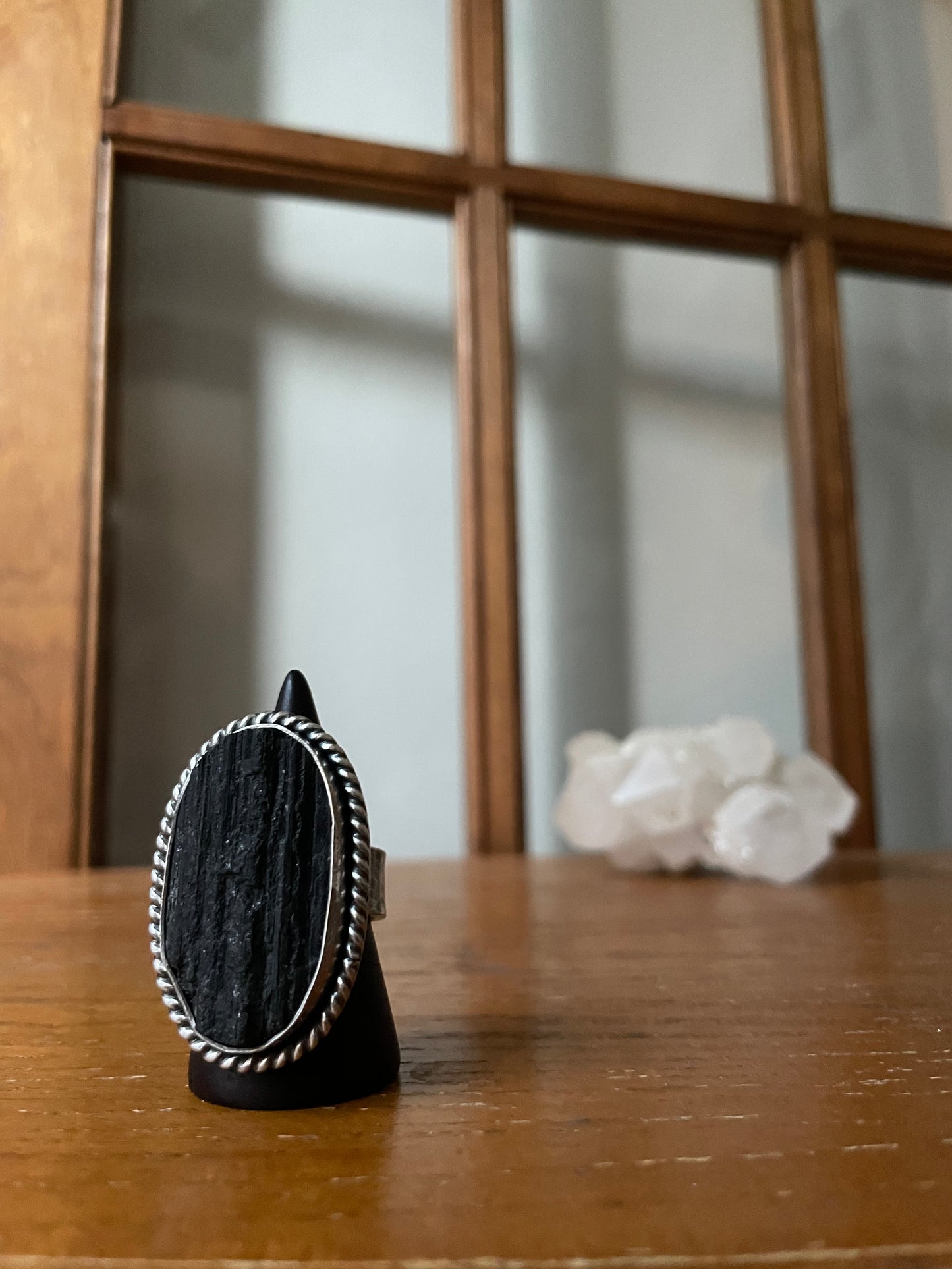 Raw Black Tourmaline and Sterling Ring - US 7.5