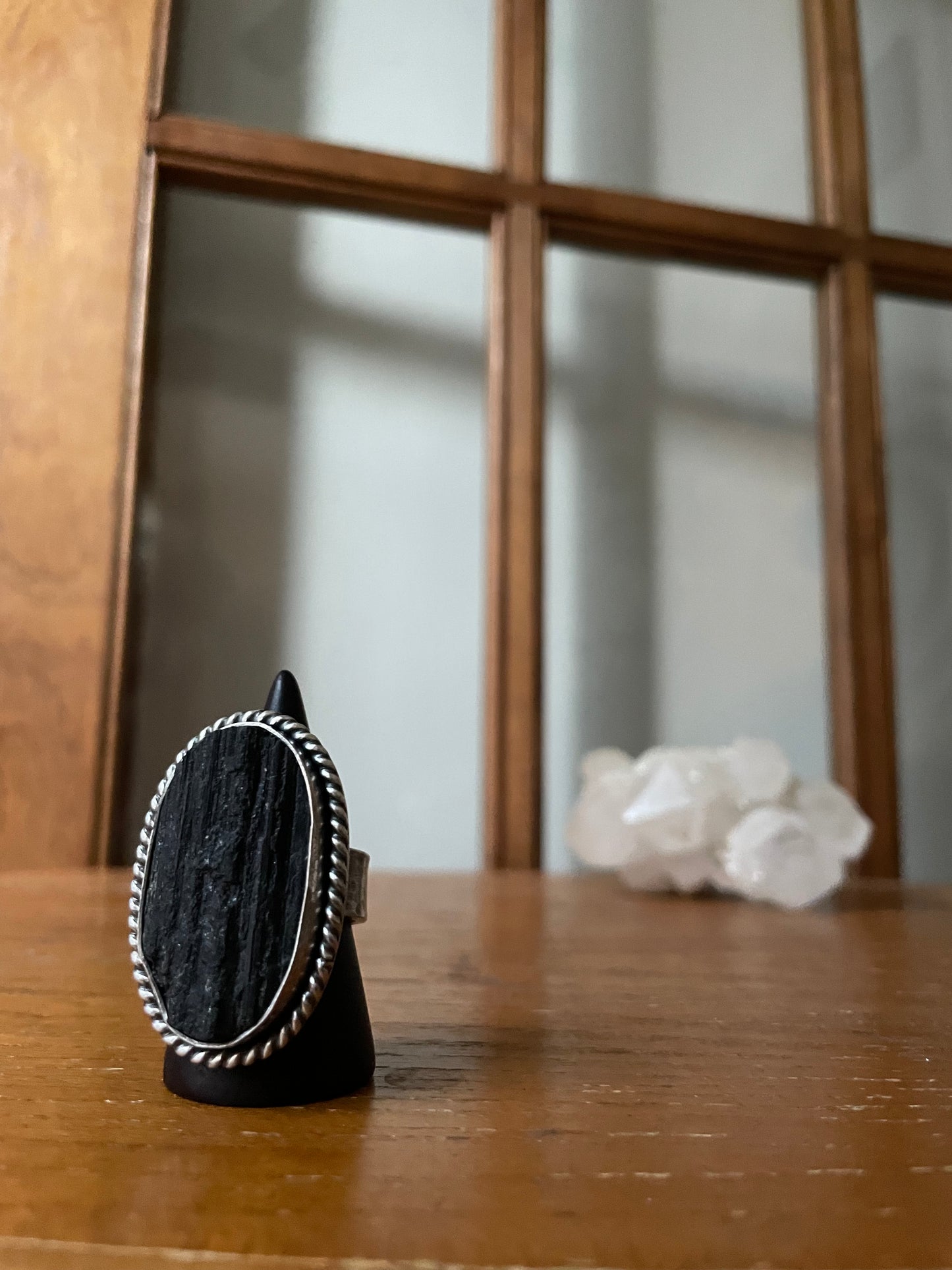 Raw Black Tourmaline and Sterling Ring - US 7.5