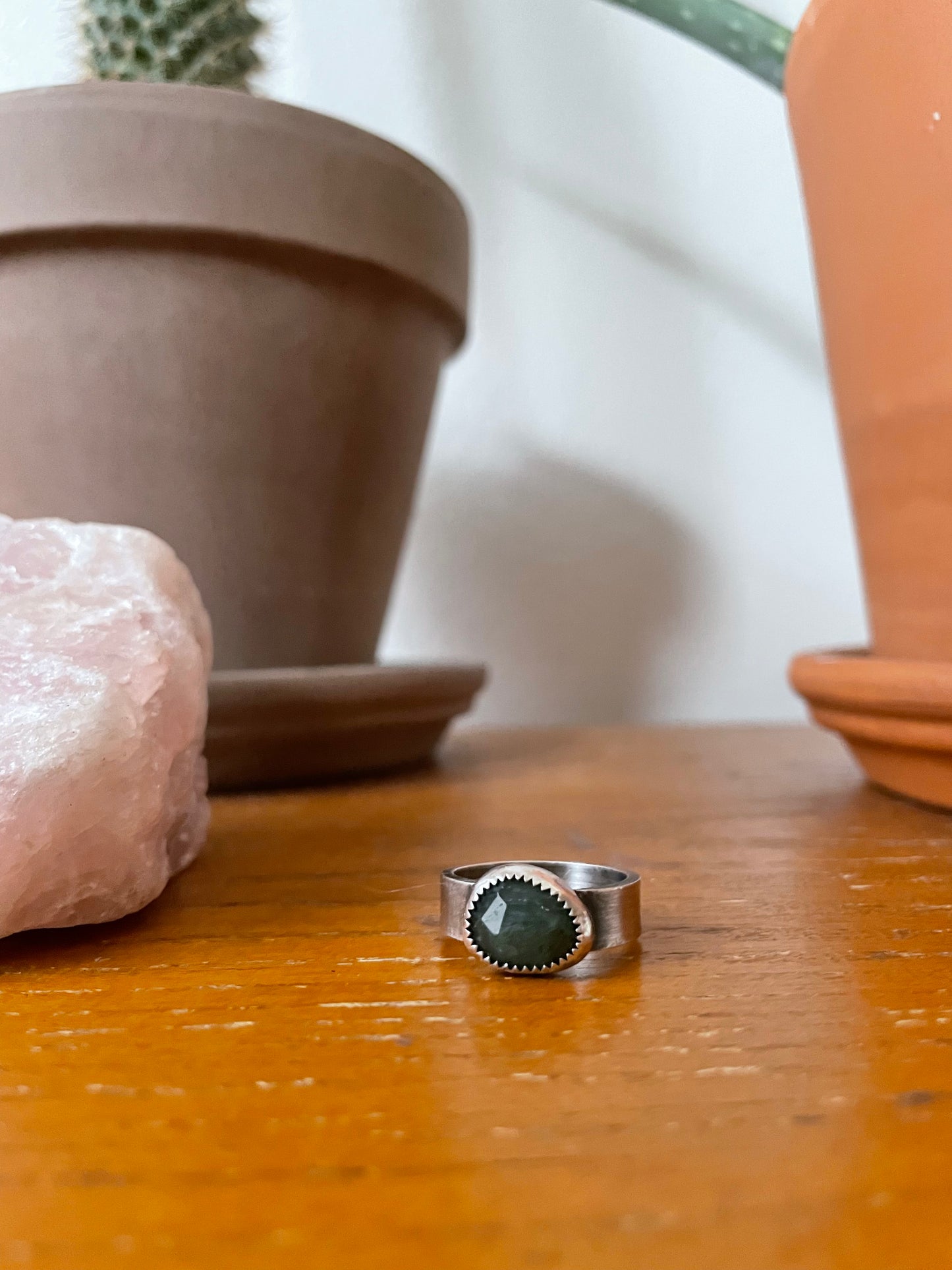 Faceted Moss Agate and Sterling Ring - US 8