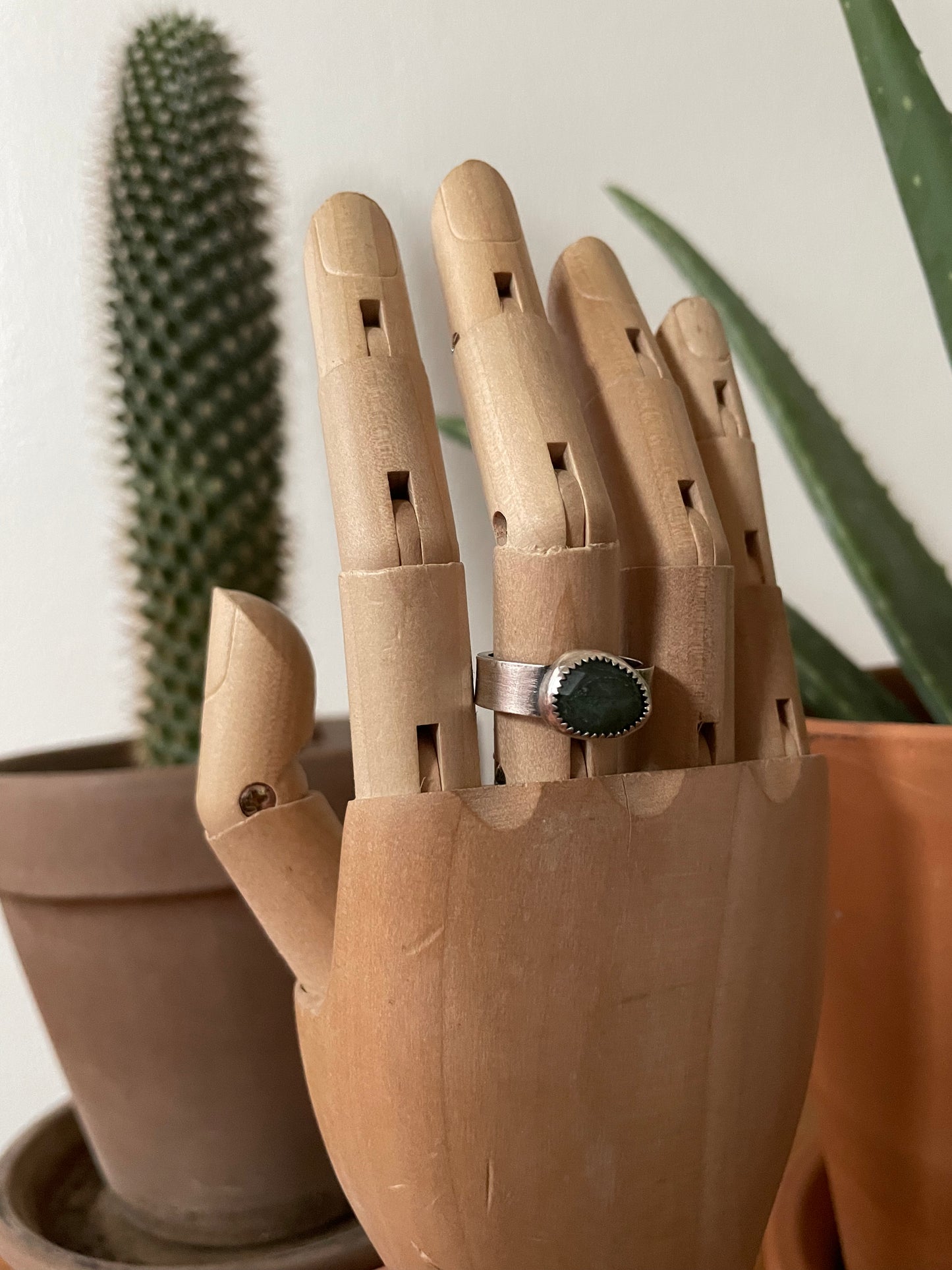 Faceted Moss Agate and Sterling Ring - US 8