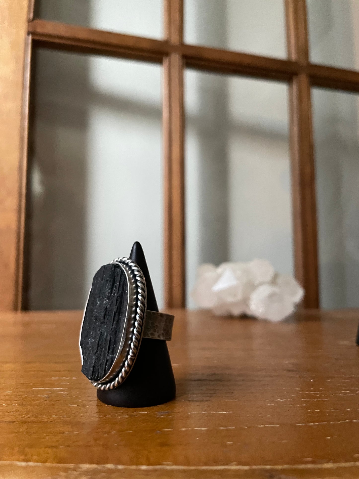 Raw Black Tourmaline and Sterling Ring - US 7.5