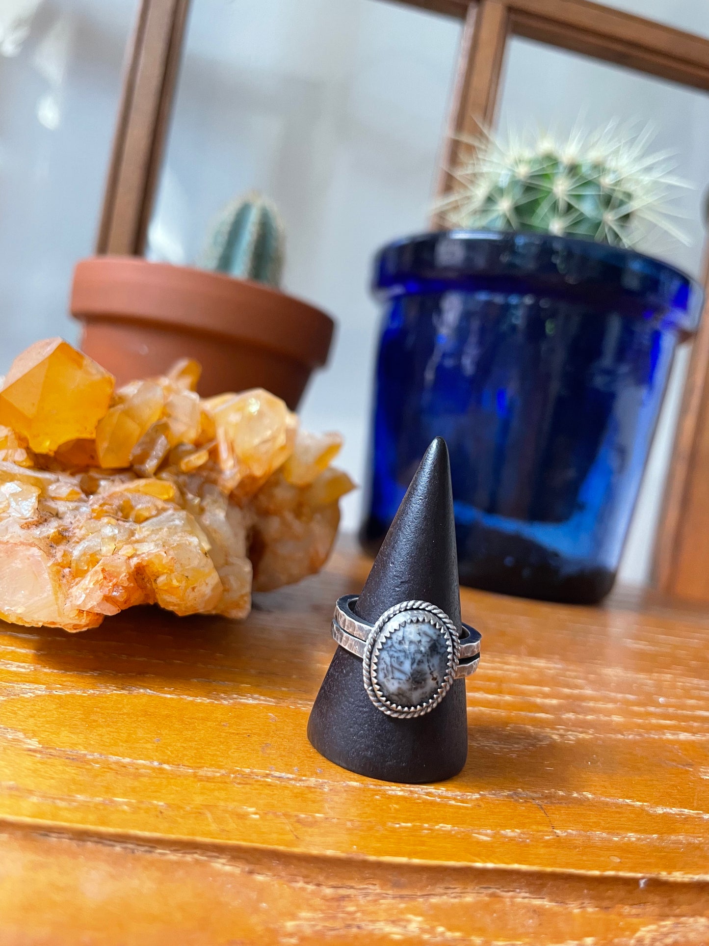 Faceted Dendritic Opal and Sterling Ring - US 9