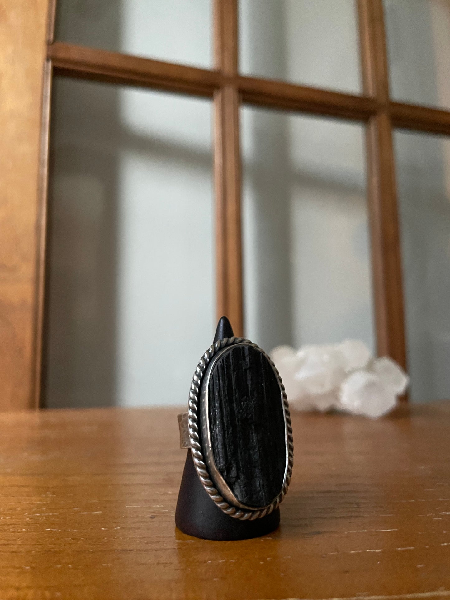 Raw Black Tourmaline and Sterling Ring - US 7.5