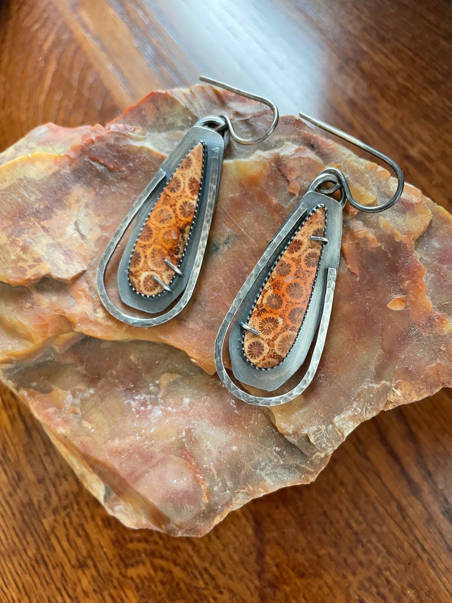 Fossilized Coral and Sterling Ear Weights