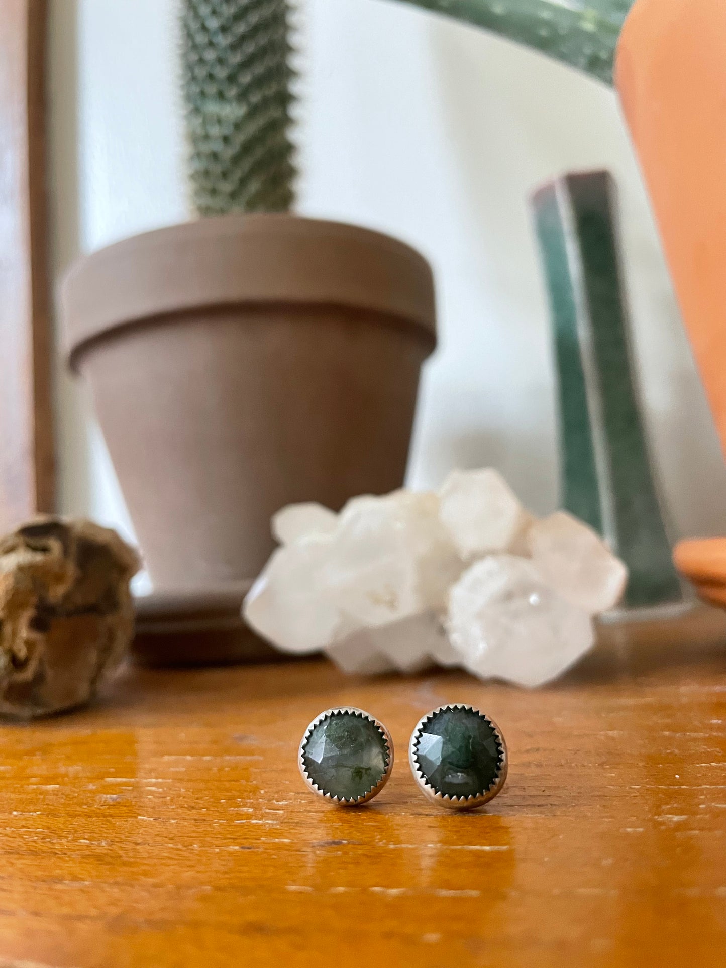 Faceted Moss Agate and Sterling Studs