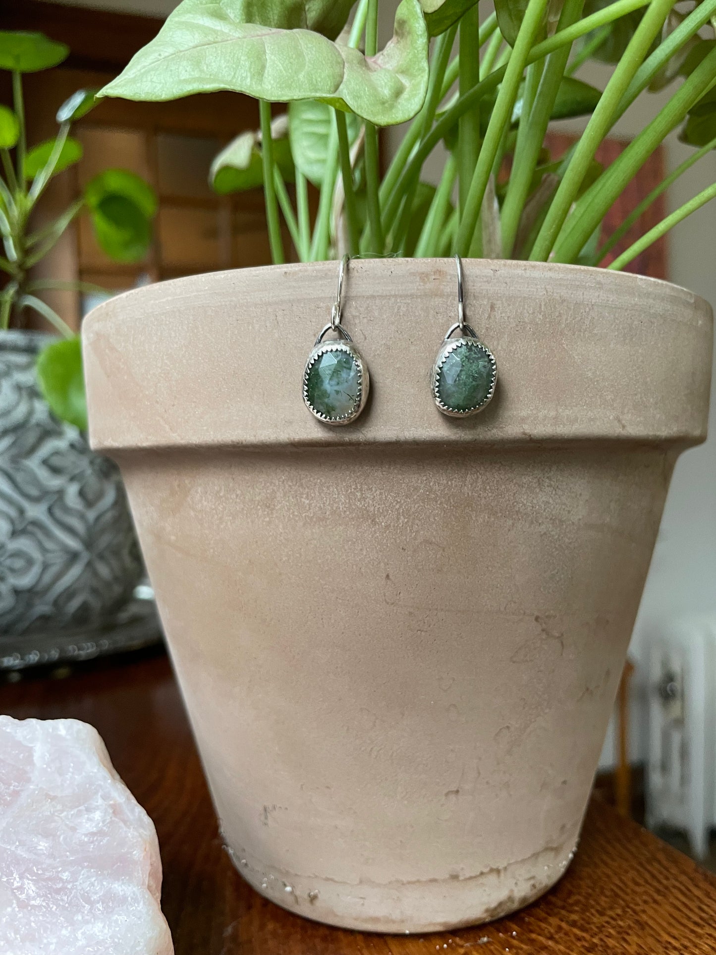 Faceted Moss Agate and Sterling Dangles