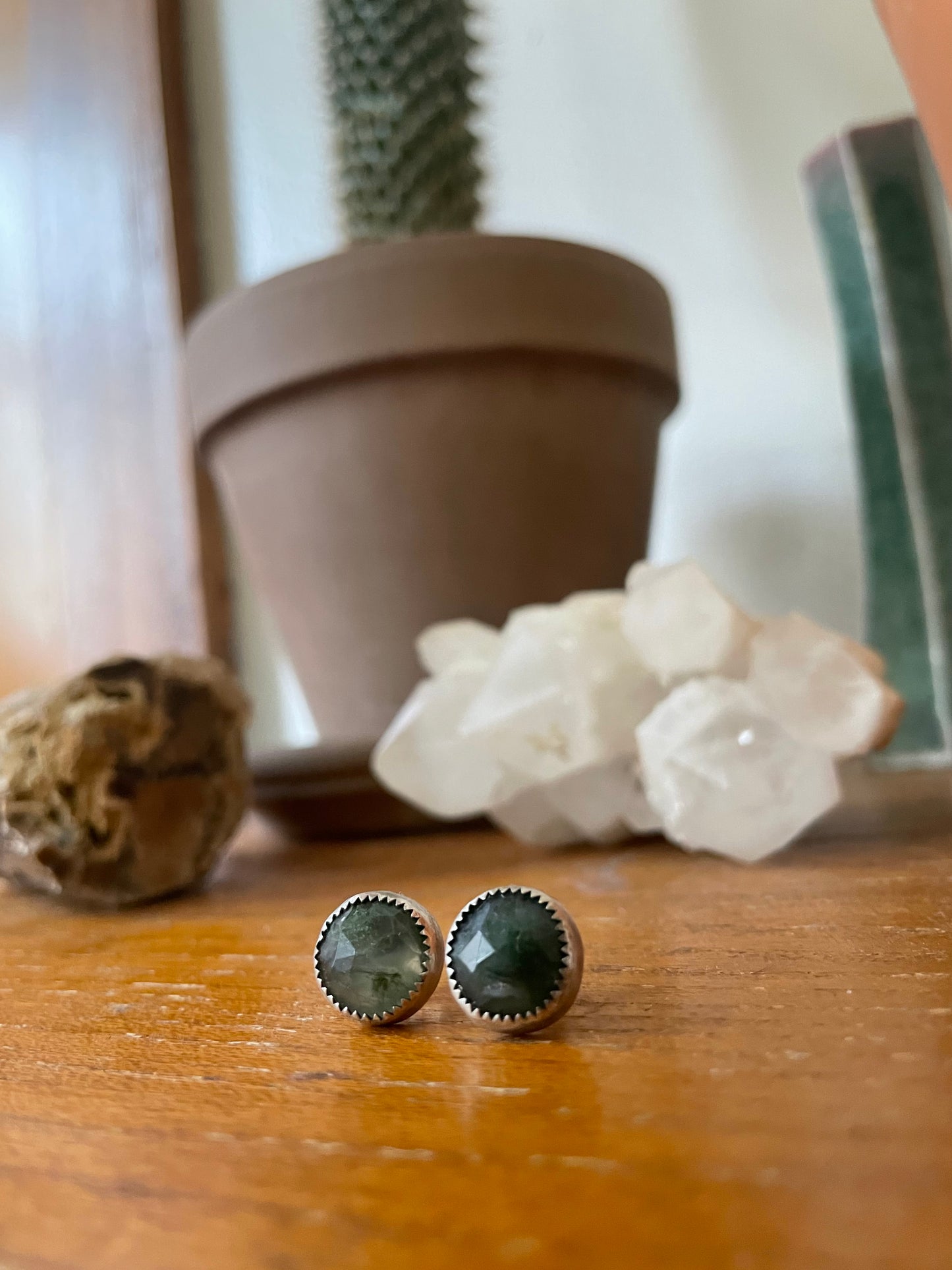 Faceted Moss Agate and Sterling Studs