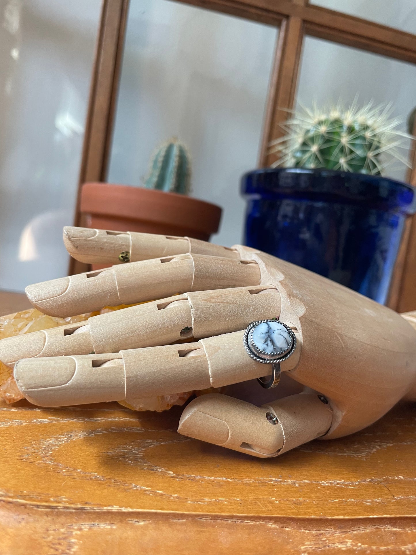 Faceted Dendritic Opal and Sterling Ring - US 7.5